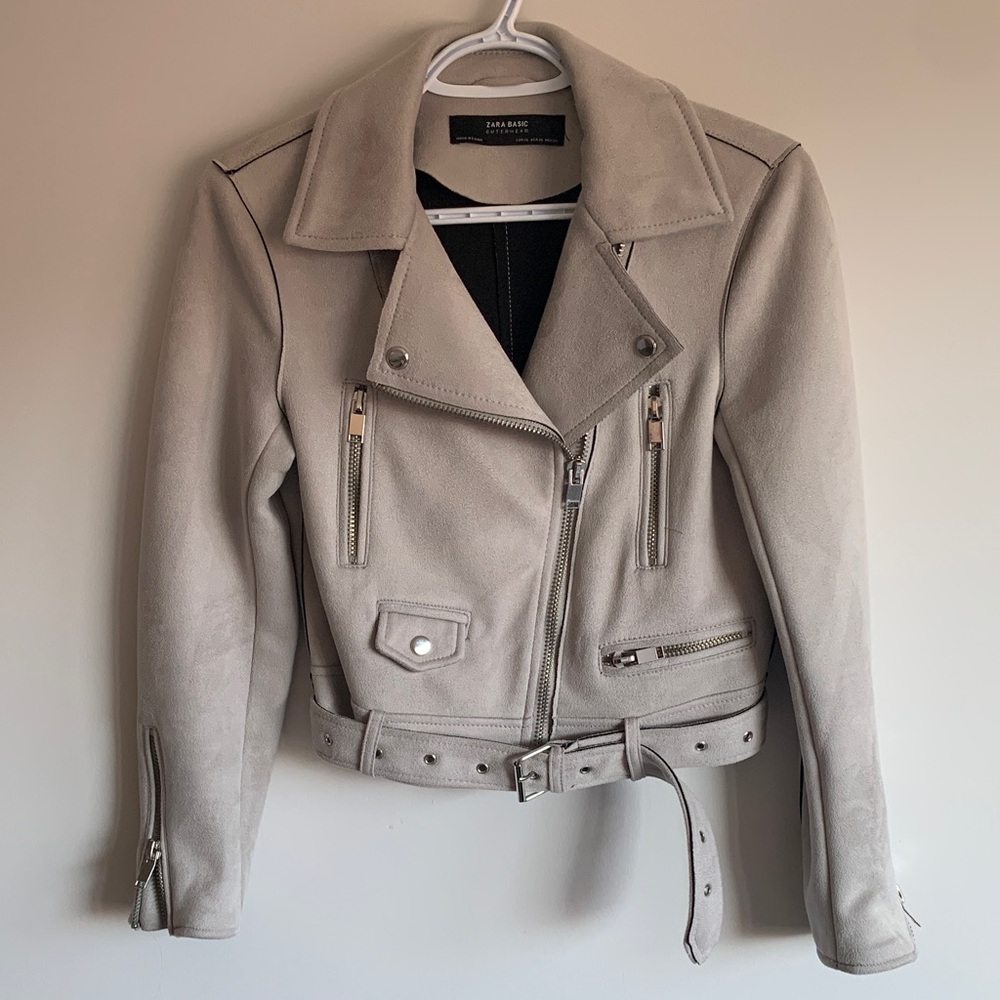 Zara Light Taupe Faux Suede Moto Jacket